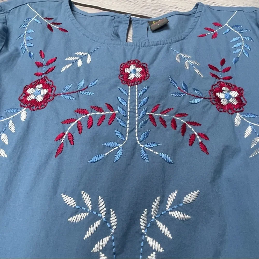 MYX Fusionwear blue boho embroidered cotton dress bell sleeves pockets, size L - Picture 4 of 14